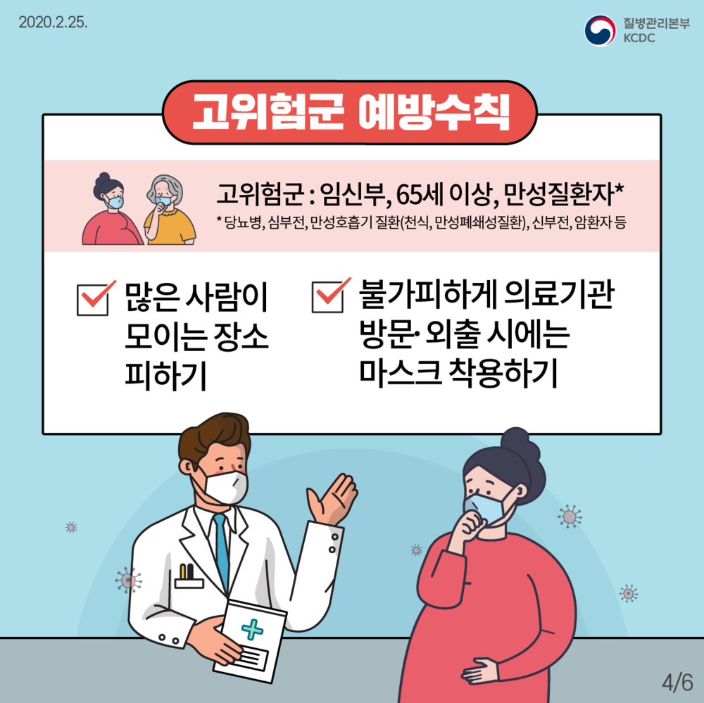2020.2.25, 질병관리본부 / 고위험군 예방수칙(고위험군:임신부,65세 이상, 만성질환자(당뇨병,신부전,만성호흡기 질환(천식,만성폐쇄성질환),신부전,암환자 등) 많은 사람이 모이는 장소 피하기, 불가피하게 의료기관 방문·외출 시에는 마스크 착용하기